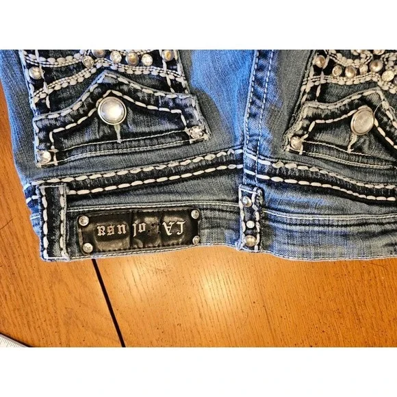 LA Idol Jeans Womans 3 blue bootcut embroidered pockets bling - Picture 9 of 9